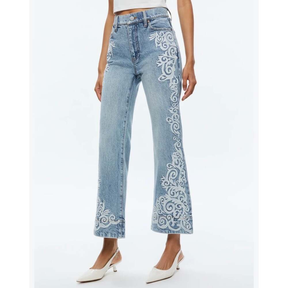 Alice + Olivia Jeans Size 32 Embroidered Wide Leg Flare High Rise Blue Denim
